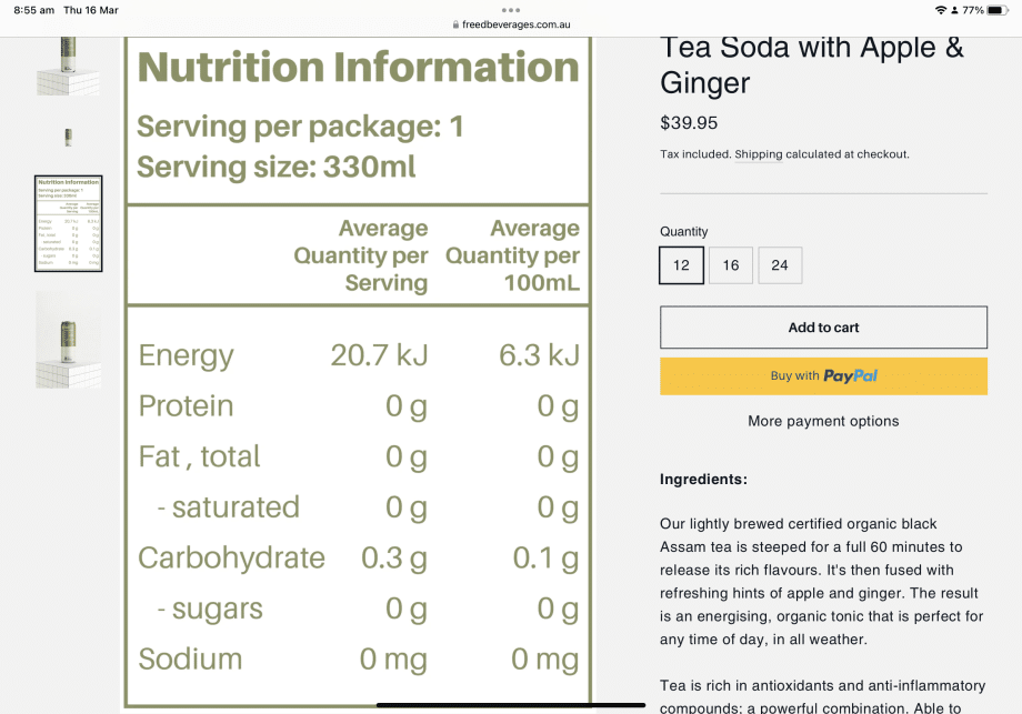Apple & Ginger ice tea Soda Nutrition label online health store