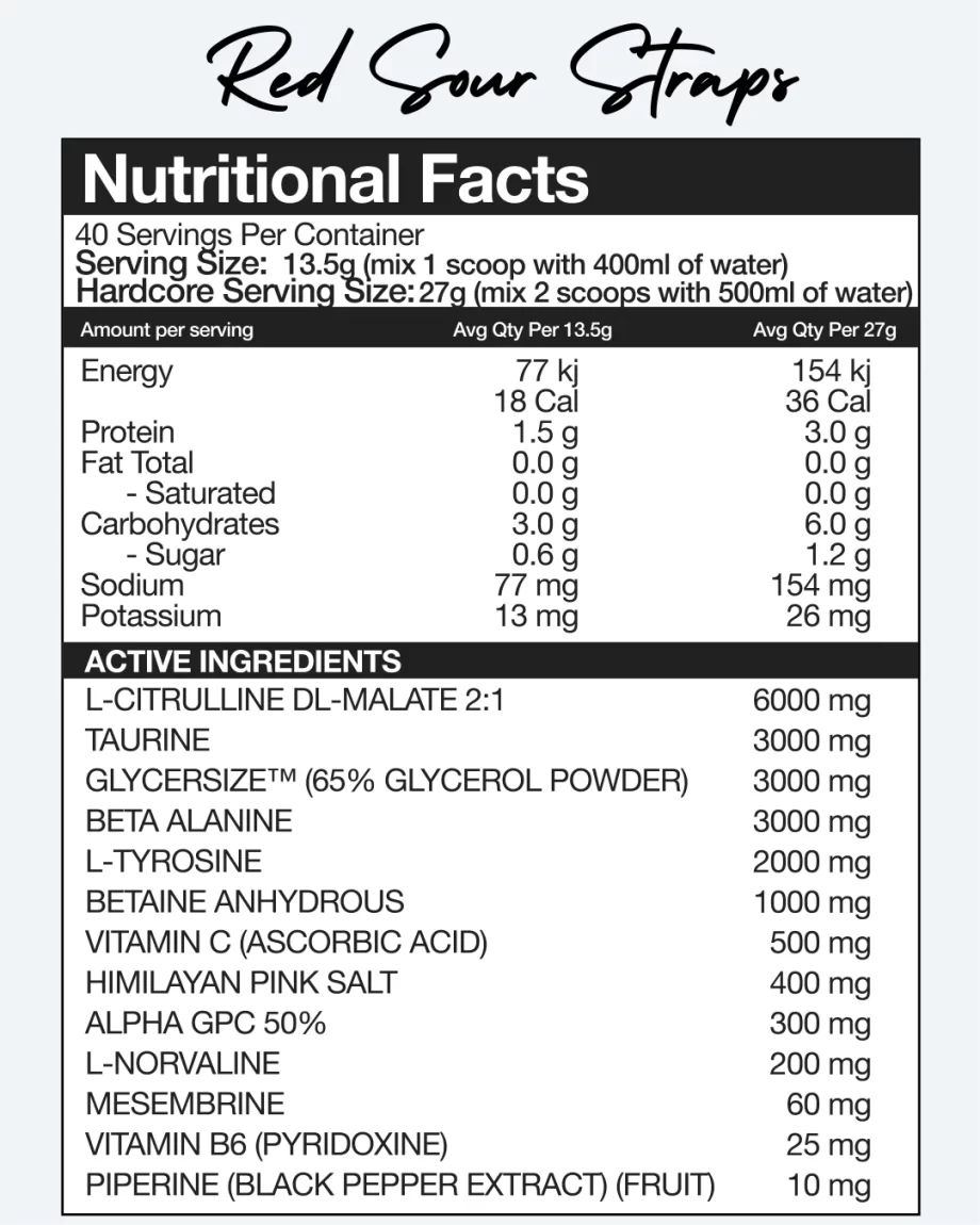 Nexus amped nutritional Information review. Red sour straps pre workout powder. Shop nexus pre workout no caffeine and no sugar!