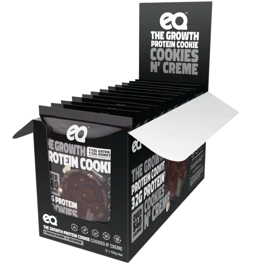Cookies and cream protein cookies by EQ foods Online Australia. Shop 12 pack of EQ cookies in delicious low sugar cookies and cream biscuit