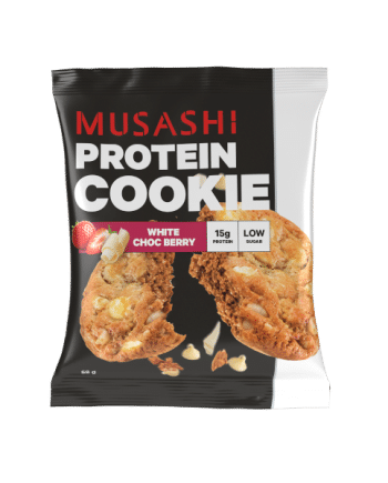 White choc Berry Protein cookies by Musashi Protein snacks. Shop low carb, high prebiotic fibre protein cookies on the Holistic Health store online Australia