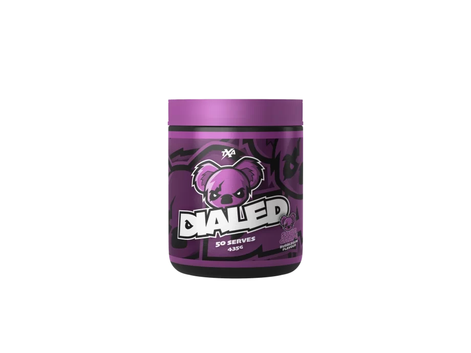 Dialed pre workout powder 50 serves tub Grape sugar free pre workout online Australia with AfterPay and ZipPay.