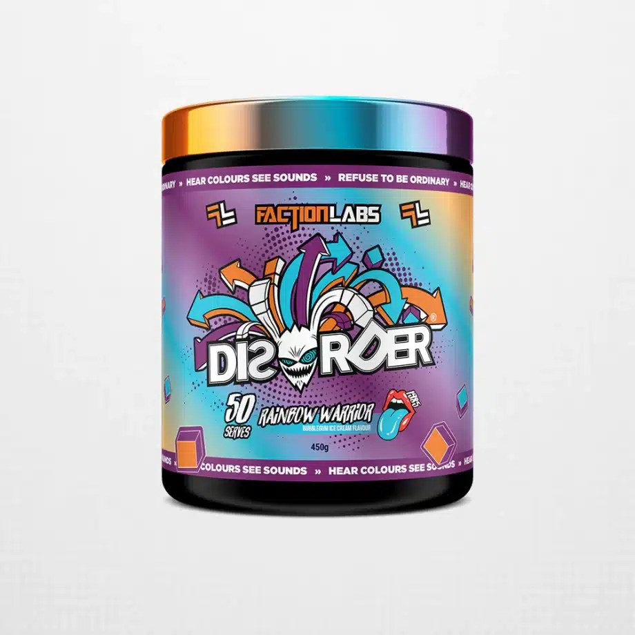 Bubblegum ice cream pre workout powder online with AfterPay and ZipPay Australia. Faction Labs disorder pre workout powder online Australia in 50 serves and 25 serves tubs. Sugar free energy drink Powder mix