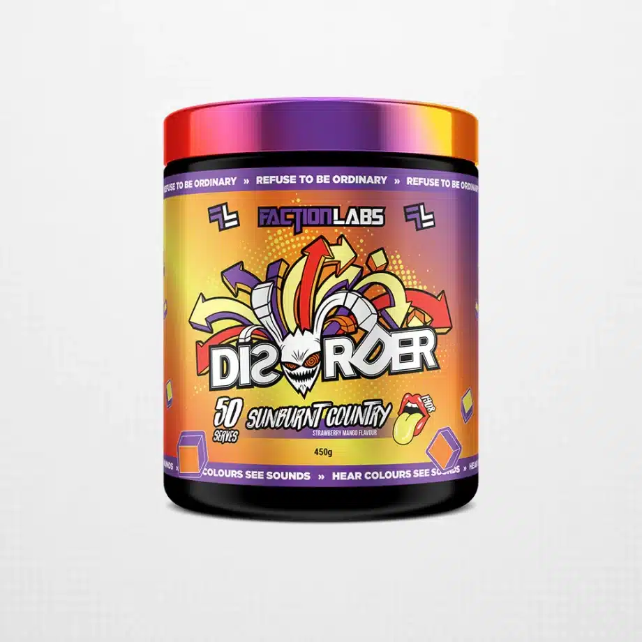 Faction labs disorder pre workout powder online Australia. Strawberry mango pre workout sugar free energy drink on the holistic health store online with ZipPay and AfterPay