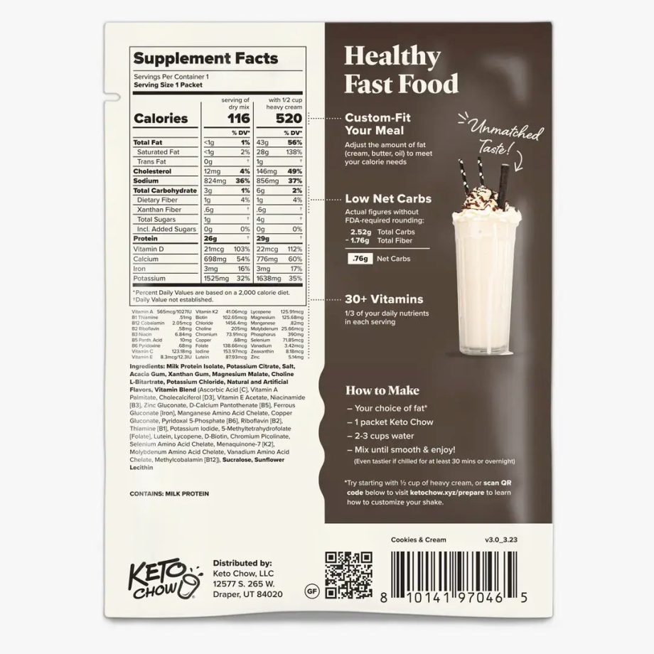 Nutritional information. Read cookies and cream keto chow keto shake nutritional information online